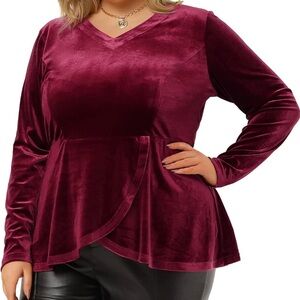 Agnes Orinda Retro Velvet Velour Top V Neck Tulip Hem Long Sleeve Peplum Blouse